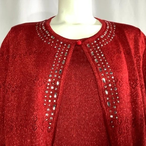Alfred Dunner Embellished 3/4 Sleeve 2 Fer Sweater Set - Red - Size 1X - Picture 2 of 5